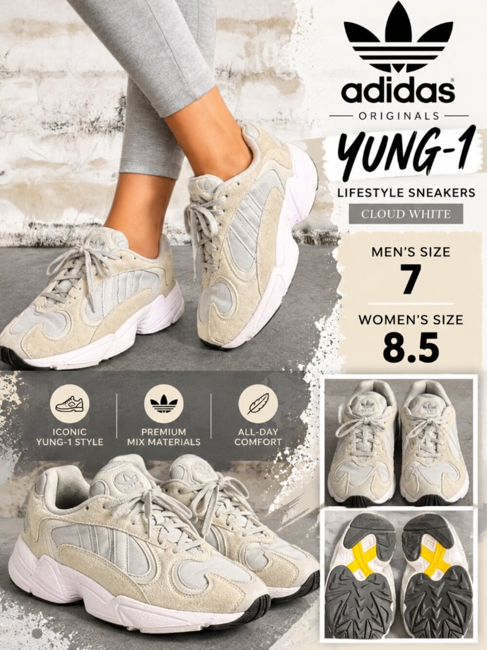 Adidas Originals Yung-1 Lifestyle Cloud White Sneakers Men's Size 7 Women's 8.5